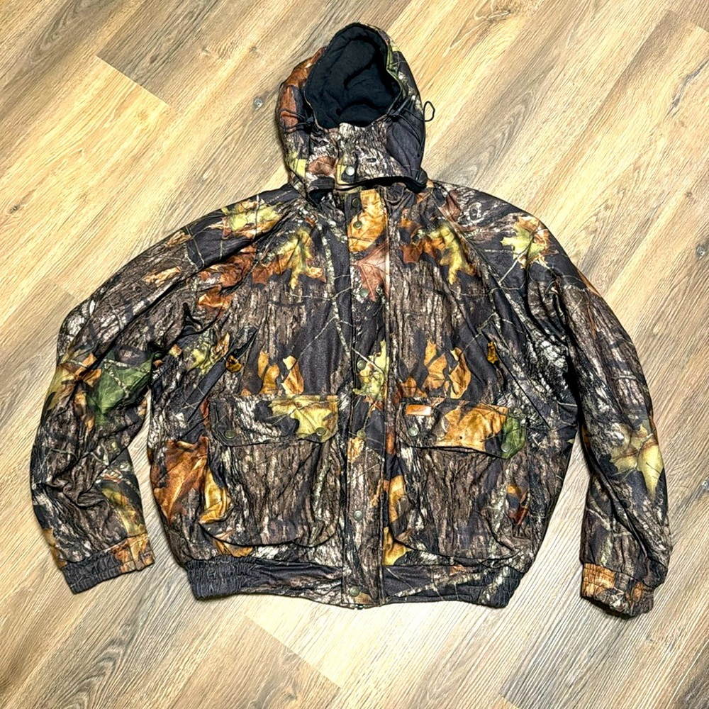 Vtg Woolrich Woolen Mills‎ Camo break up Bomber Hooded Jacket men’s XL hunting